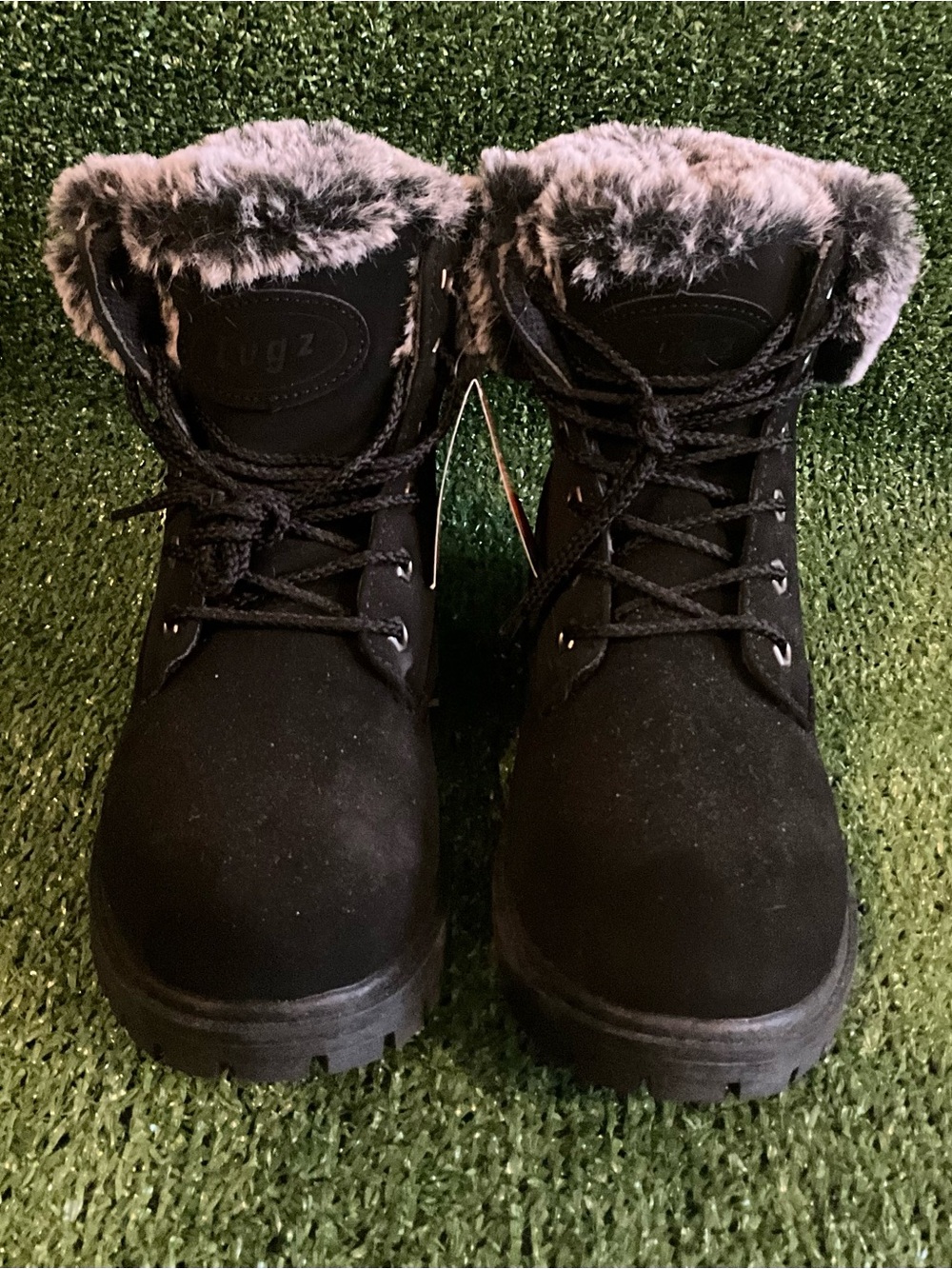 Lugz Black Winter Lace-Up Boots with Gray Fur Collar
